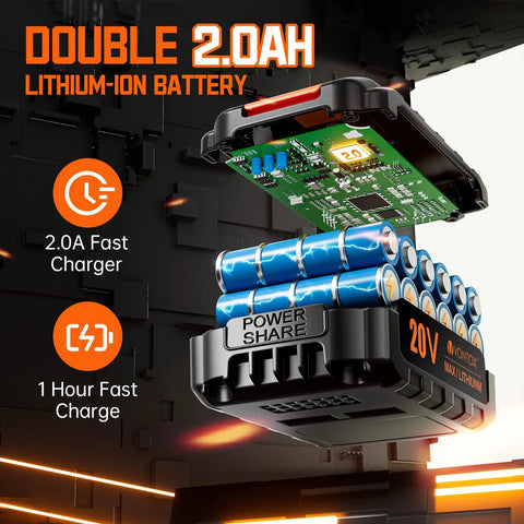 20V Cordless Drill Set for Home DIY with open 2.0Ah battery showing interior components, highlighting fast charging feature.