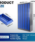 Heavy-Duty Alloy Steel Tool Storage Cabinet With 100 Drawers And Dividers, Nut And Bolt Organizer, 25.8In Long By 8.66In Wide By 46In High, Blue, shown with drawer dimensions.