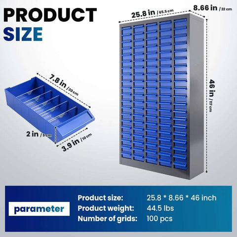 Heavy-Duty Alloy Steel Tool Storage Cabinet With 100 Drawers And Dividers, Nut And Bolt Organizer, 25.8In Long By 8.66In Wide By 46In High, Blue, shown with drawer dimensions.