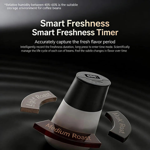 Smart Electric Vacuum Coffee Canister With Bright Digital Screen And Handy Timer, measuring freshness for light, medium, and dark roasts.