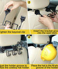 Four-step installation of Hard Hat Holder And Gear Organizer For Truck And Car With 3 Sturdy Hooks on black seat back.