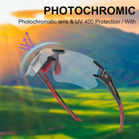 Photochromic Cycling Sunglasses For Men And Women, Frameless Bike Glasses With UV Protection, Black Red, Sports Goggles