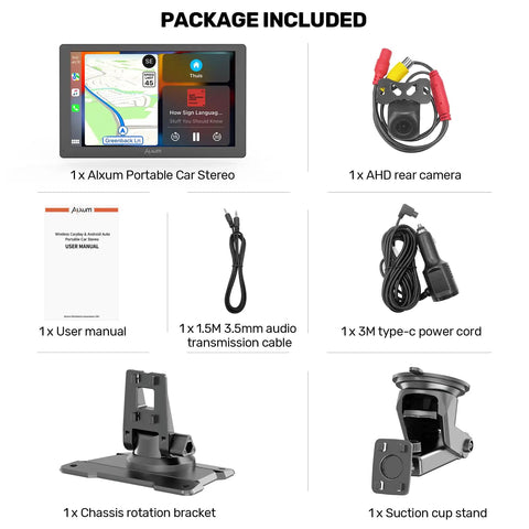 Package contents of the Wireless CarPlay Screen For Cars 9 Inch HD Touchscreen Portable Car Stereo With Android Auto.