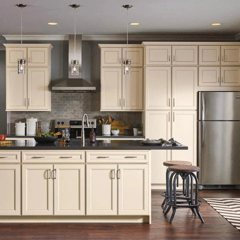 Modern kitchen with cream cabinets featuring 5 Inch 128mm Brushed Antique Copper Cabinet Pulls Handles Set 10 Pack Made From Solid Zinc Long Lasting