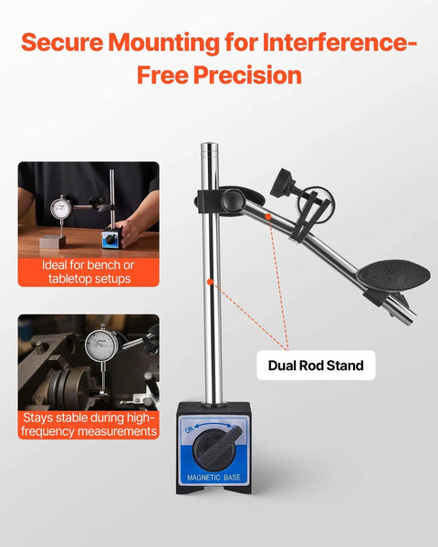 Dial Test Indicator With Dual Rod Stand And Storage Case, 0.001 Inch Accuracy, secure mounting with magnetic base