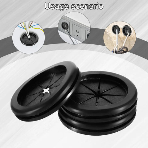 4 Pack Heavy Duty Rubber Grommets For Wiring, 2 Inch Black Firewall Plug Insert, shown in usage scenarios with wires.