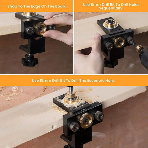 Hella Sturdy Aluminum Dowel Jig and Pocket Hole Drill Guide Kit for Rapid Woodworking drilling 8mm and 15mm holes in wood.