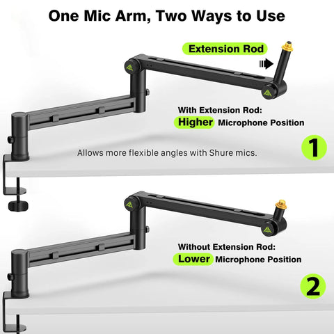 Beefy Heavy Duty Microphone Arm Desk Mount For Heavy Mics with extension rod for higher microphone positioning