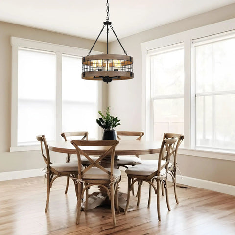 Dope Rustic Farmhouse 19 Inch Chandelier With Wood And Black Metal Arms, 5 Light Pendant Above Dining Table in Bright Room