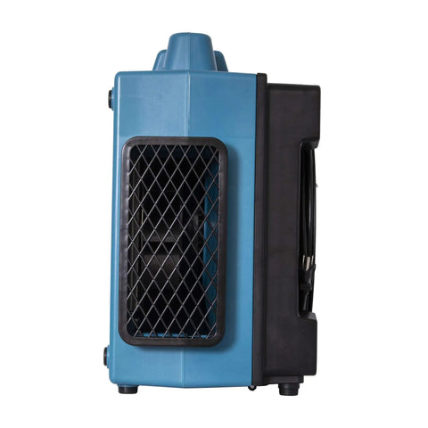 Side view of Heavy Duty Air Scrubber Slings Seven Five Zero Cfm Negative Air Through Triple HEPA Filters To Clear Rooms Fast.