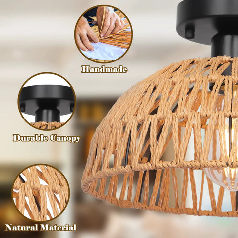 Close-up of 12.2 Inch Rattan Ceiling Light Fixtures Set Of 2, highlighting handmade wicker detail and durable canopy