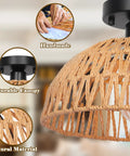 Close-up of Boho Rattan Pendant Light Fixtures 2 Pack 12 Inch Woven Basket Ceiling Lamps Handmade showing weave details and canopy.