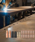All In One MIG Welding Accessories Kit 26-Piece Flux Core Gasless Nozzle Set with worker welding and sparks flying