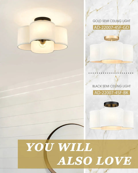 Black Semi Flush Mount Ceiling Light With Fabric Shade In Quatrefoil Shape, close-to-ceiling fixture, matte black finish