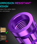 Detail view of Vibrant Purple Tire Valve Stem Caps 4 Pack, Rustproof Metal Caps With Fade Resistant Finish and corrosion protection design.