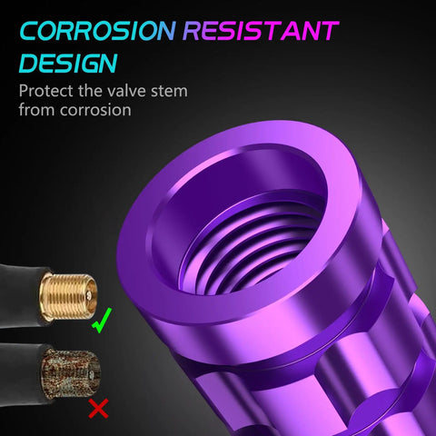 Detail view of Vibrant Purple Tire Valve Stem Caps 4 Pack, Rustproof Metal Caps With Fade Resistant Finish and corrosion protection design.