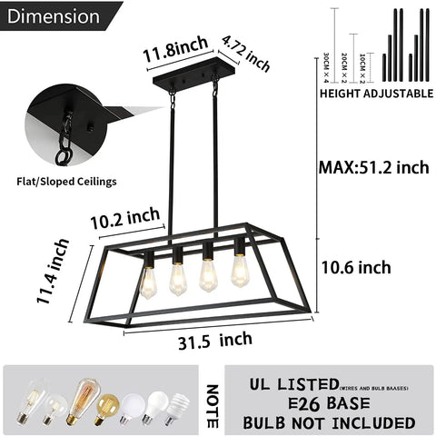 Dimensions of Matte Black Industrial 4 Light Pendant Lighting with adjustable rods for kitchen island and dining room.