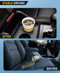 Before and after images showing a secure cup holder with coffee cup and spilled coffee on car seat.