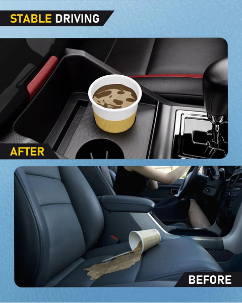 Before and after images showing a secure cup holder with coffee cup and spilled coffee on car seat.