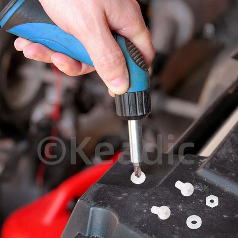 Hand using a screwdriver on M4 White Nylon Pan Head Screw Kit featuring 360 pieces of robust hex nuts and flat washers.