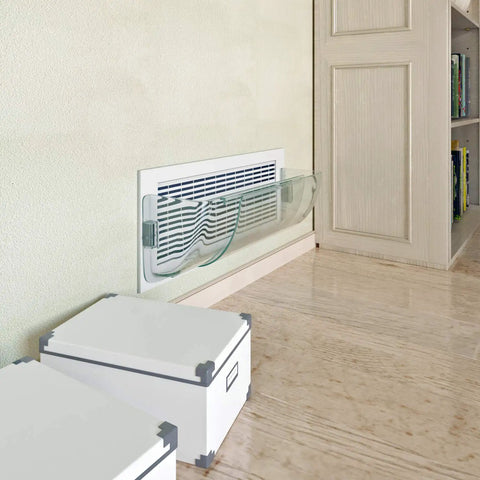 Magnetic Heat And Air Vent Deflector 8.5 To 15 Adjustable For Vents 2 Pack in use on wall vent, showing clear plastic design