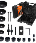 Front view of KENDO 23-piece hole saw kit with mandrels, drill bits, hex key, and storage case (3/4–6 in).