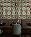 Pro Level Distressed Tiles Vinyl Wallpaper With Badass Leather Texture For Commercial Spaces And Home Renos Paste Required Super Durable Type Two Wallcovering Custom Printed Just For You Killer Interior Decor in restaurant with floral pattern.