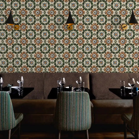 Pro Level Distressed Tiles Vinyl Wallpaper With Badass Leather Texture For Commercial Spaces And Home Renos Paste Required Super Durable Type Two Wallcovering Custom Printed Just For You Killer Interior Decor in restaurant with floral pattern.
