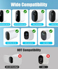 Compatibility chart for 4W Solar Panel Charging Mount Fits Essential 2K Essential XL Essential Spotlight Pro 6 XL Pro 4 Pro 5S 2K Ultra 2 Ultra Cameras IP67 Weatherproof All Weather Outdoor Power Solution, showing compatible and non-compatible Arlo camera models.