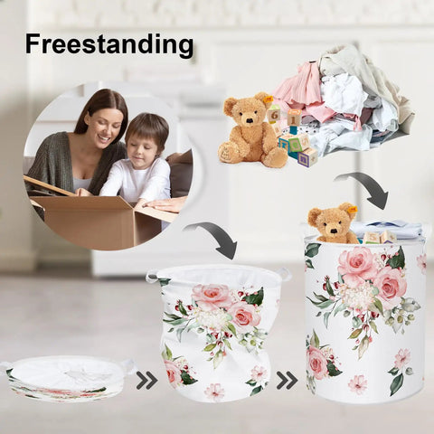 Blooming Pink Flowers Laundry Basket Round Hamper for Girls Room and Nursery Toy Storage Dirty Clothes Organizer Floral Design