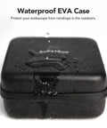 Waterproof EVA case for endoscope, black hardshell, shown with water droplets for outdoor protection
