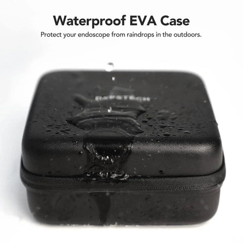 Waterproof EVA case for endoscope, black hardshell, shown with water droplets for outdoor protection