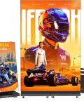 Hella Crisp 80 Inch Led Digital Signage Display Ready To Roll With Foldable Seamless Stitch Panels And Sleek P1.86 Gob Screen Module Turnkey Commercial Advertising Kiosk With Hard Flight Case For Events Or Weddings Black Pair showcasing vibrant racing imagery.