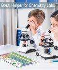 Kids using microscopes with Ultimate Chemistry Desk Reference Pack Must Have With Periodic Table Poster And Desktop Chart visible