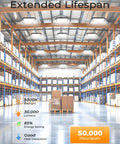 Upgraded Square UFO LED High Bay Lights 200W With 30000LM 5000K Daylight installed in a warehouse showing brightness and efficiency.
