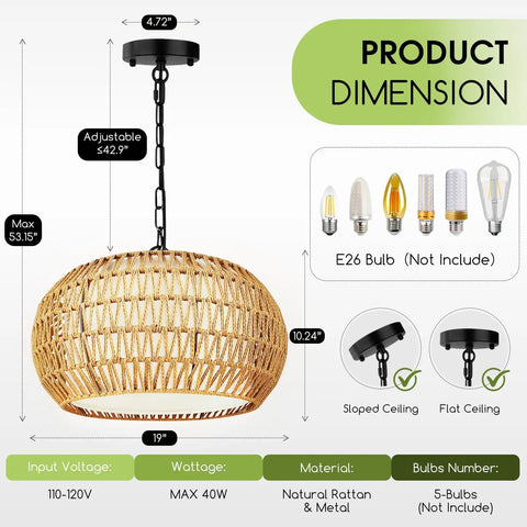 Big Time Upgrade 19 Inch Boho Rattan Chandelier Featuring Five Warm Lights For Farmhouse Dining Rooms with product dimensions displayed.