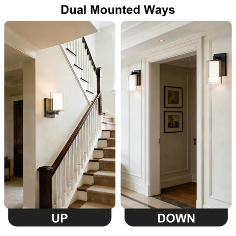 Modern Matte Black Wall Sconces Set Of Two Double Clear Glass Vanity Lights with upward and downward mounting showcased in a hallway.