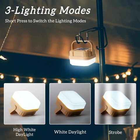 Three lighting modes of Four Pack Rechargeable Camping Lanterns With 300 Lumens, IP53 Waterproof, tent use showcased.