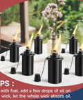 Citronella Outdoor Torches Set of 6 with 16 Ounce Fuel, 58 Inch Black Garden Lanterns on a table with wicks burning
