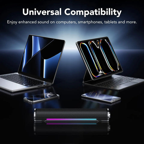 USB Powered PC Speakers With Bluetooth Hi Fi Stereo Sound Bar displayed with laptop and tablet setup