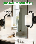 Top Tier Modern Farmhouse Wall Sconces With Solid Matte Black Frame And Soft Diffused Glass Shade Hardwired Vanity Light Fixture mounted in two options.