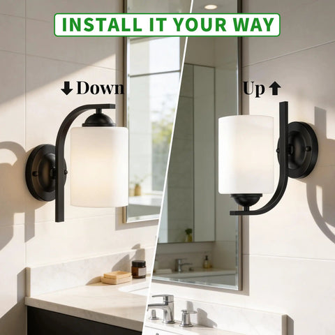 Top Tier Modern Farmhouse Wall Sconces With Solid Matte Black Frame And Soft Diffused Glass Shade Hardwired Vanity Light Fixture mounted in two options.