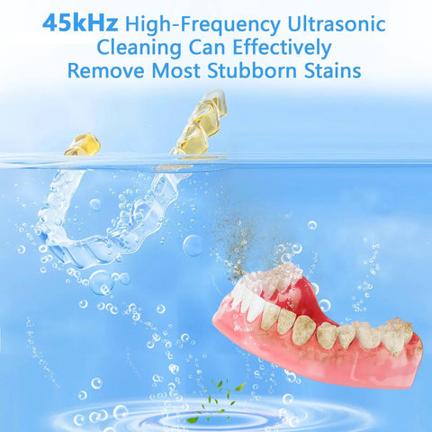 Keep Your Dental Gear Squeaky Clean With This Heavy Duty Ultrasonic Cleaning Machine For Braces Dentures Jewelry Toothbrush Heads And Baby Essentials Daily, featuring dentures in water with bubbles.