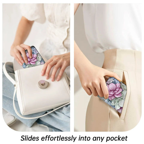 Slim Floral RFID Wallet For Women, Vegan Leather Bifold With Zipper Coin Pocket And ID Window, fits into bag and pocket