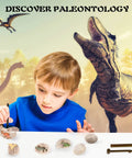 Child digging into Hands On Dino Fossil Dig Kit For Kids Ages 5 To 7 And 8 To 12 with dinosaur backdrop and tools on table.