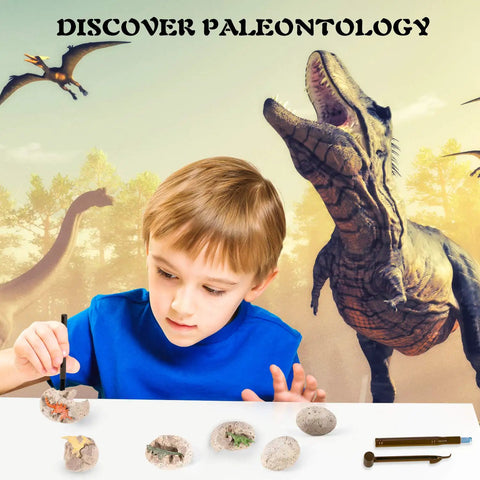 Child digging into Hands On Dino Fossil Dig Kit For Kids Ages 5 To 7 And 8 To 12 with dinosaur backdrop and tools on table.
