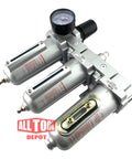 Heavy Duty Three Quarters Inch NPT Industrial Grade Filter Regulator Coalescing Desiccant Dryer System with metal bowls and gauge.