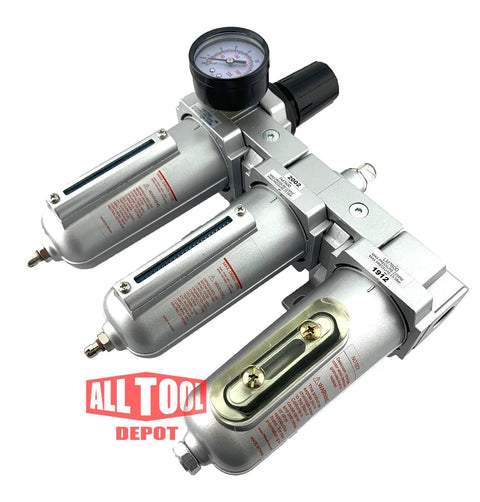 Heavy Duty Three Quarters Inch NPT Industrial Grade Filter Regulator Coalescing Desiccant Dryer System with metal bowls and gauge.