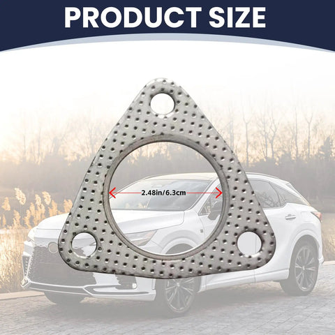 Two Pack 2.48 Inch Car Exhaust Pipe Gasket With 3 Bolt Flange displayed in front of a car, silver modification accessory.