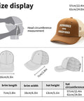 Brown Low Profile Distressed Trucker Cap For Women size details with measurements and diagram illustration.